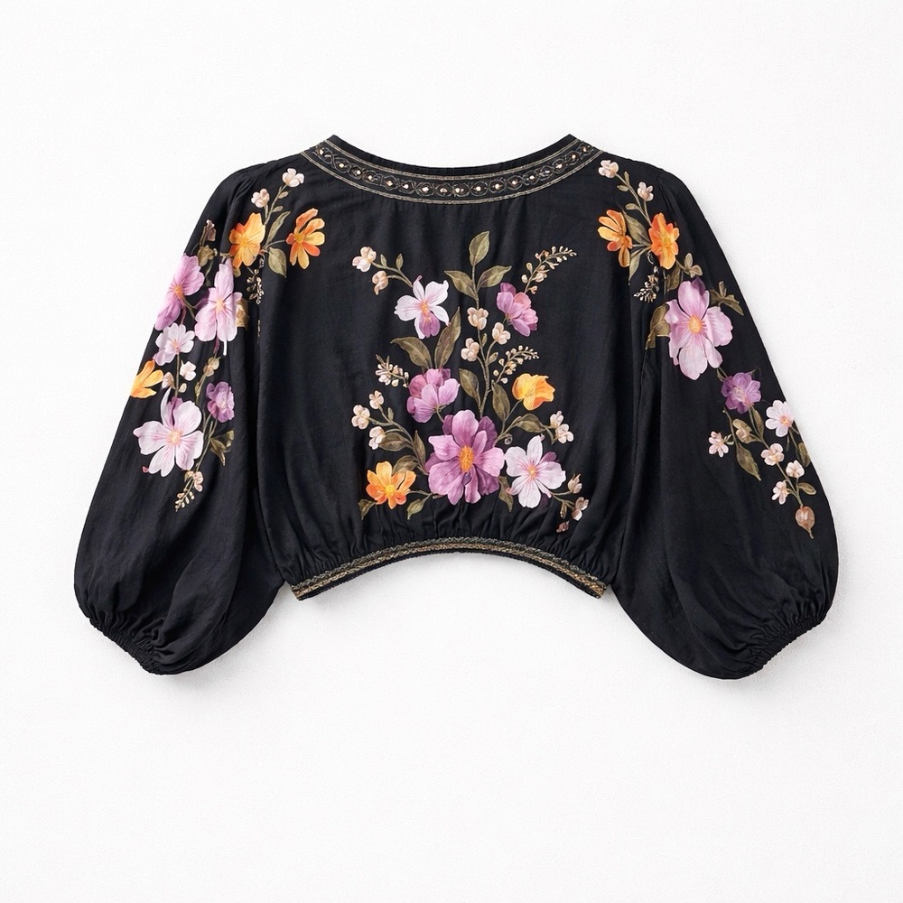 Beautiful!!  FARM RIO Black Floral Cropped Batwing Sleeve Blouse  100% Viscose - Picture 2 of 5
